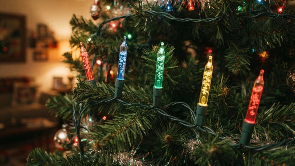 Colorful retro LED bubble lights glowing on a green Christmas tree branch