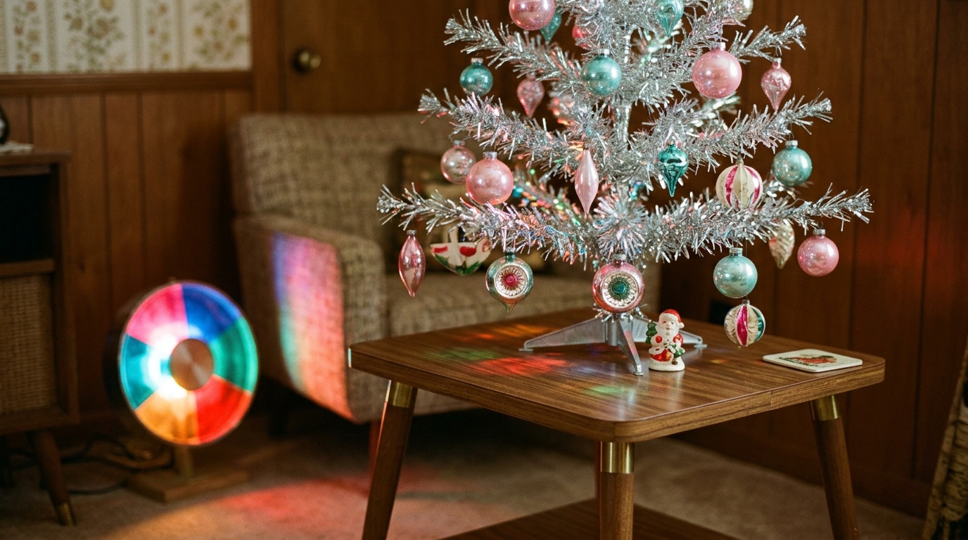Amy Sedaris Christmas crafts mood with a retro silver tinsel tree and pastel ornaments on a mid century table