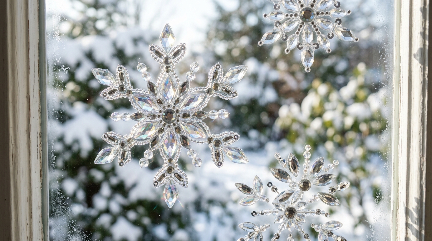 Rhinestone snowflakes sparkling on a winter window