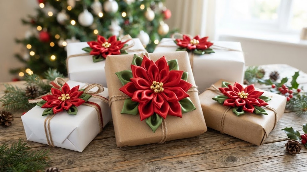 Poinsettia Christmas decor ribbon bows on wrapped gifts