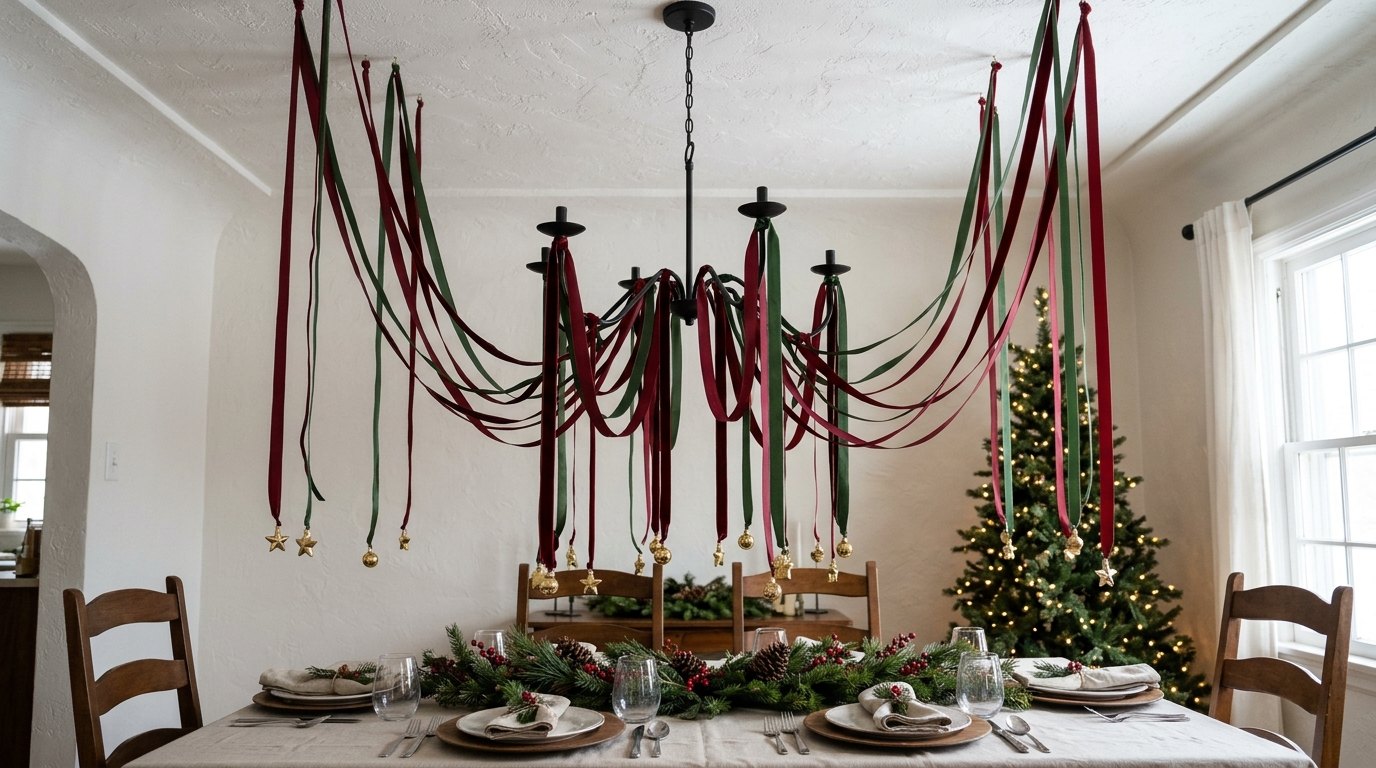 Black iron chandelier with long red and green ribbon streamers over a dining table