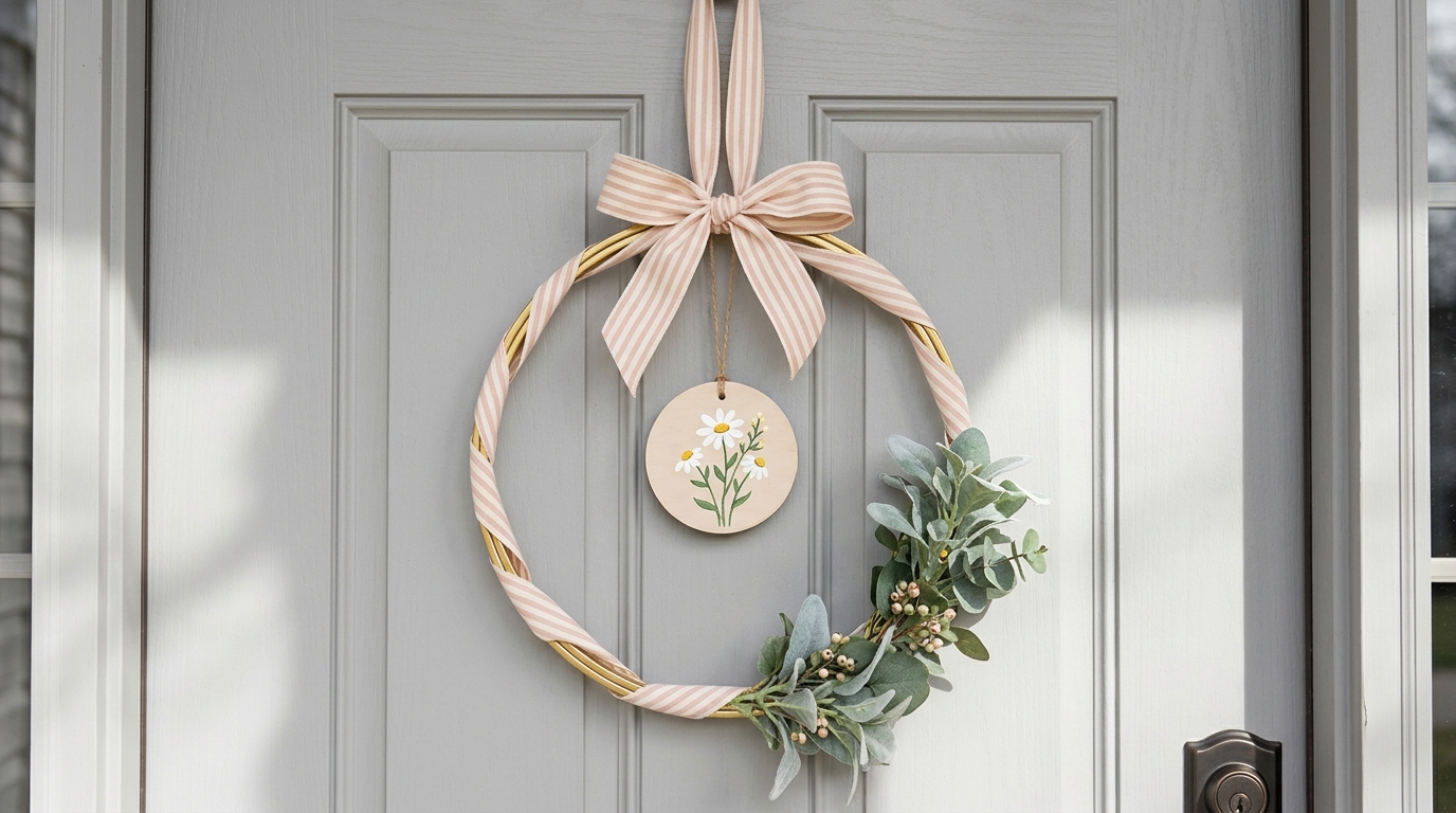 A ribbon wrapped gold hoop sign with a small painted flower circle and greenery on a gray door