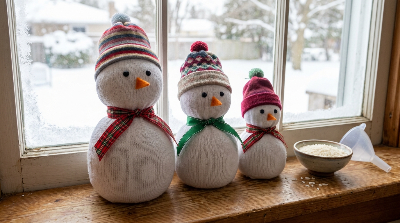 Three rice filled sock snowmen with striped hats on a snowy windowsill
