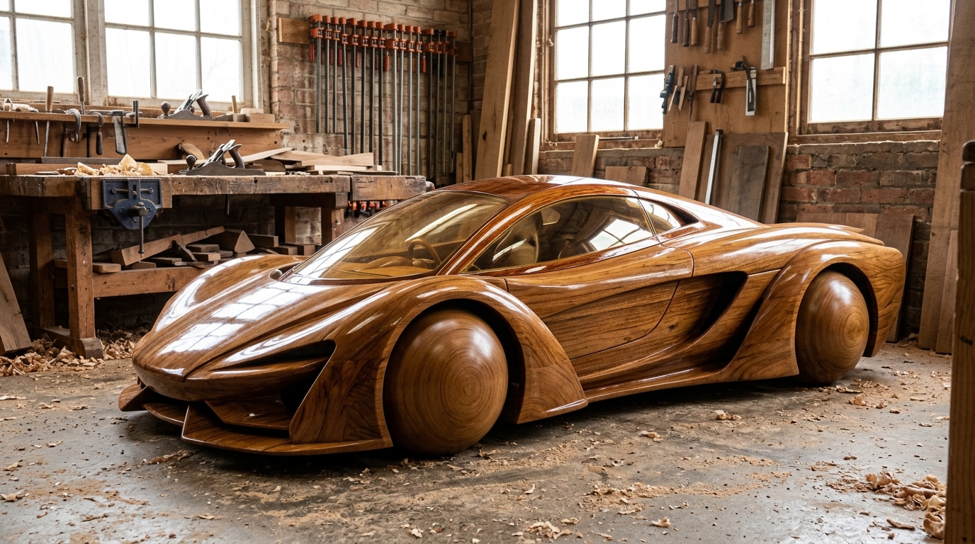 One of the wooden ride-on cars rolling on four large wooden spheres in a bright workshop
