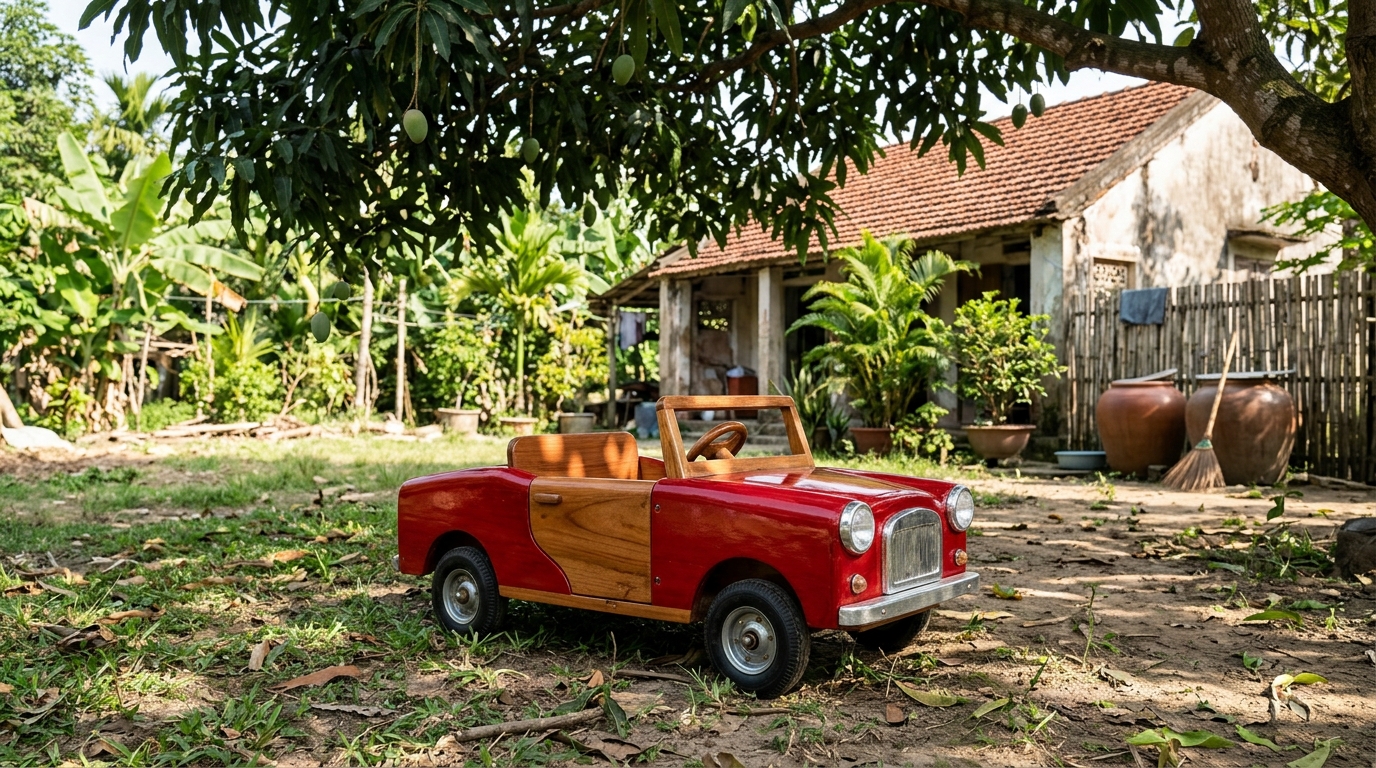 Red painted wooden ride-on cars style convertible parked under a tree in a sunny rural yard