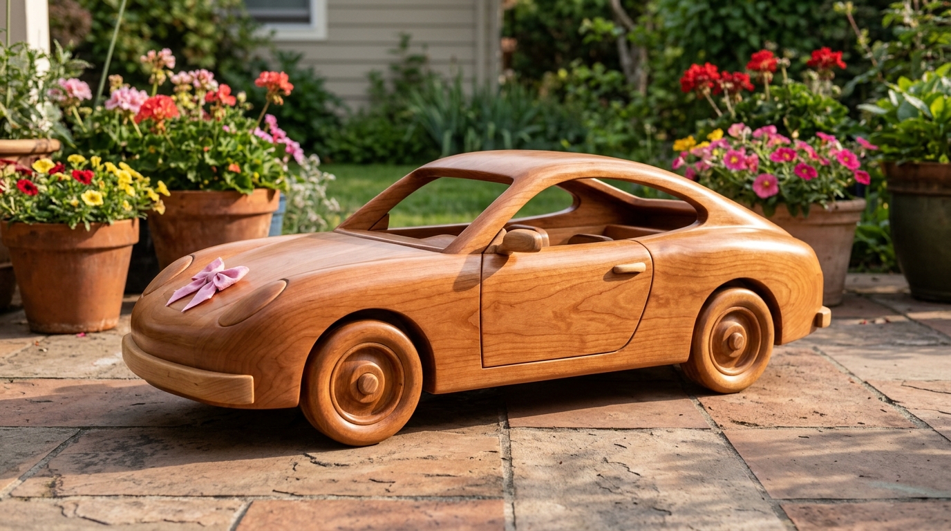 Rose toned cherry wood coupe with a pink bow on the hood parked on a flowered patio