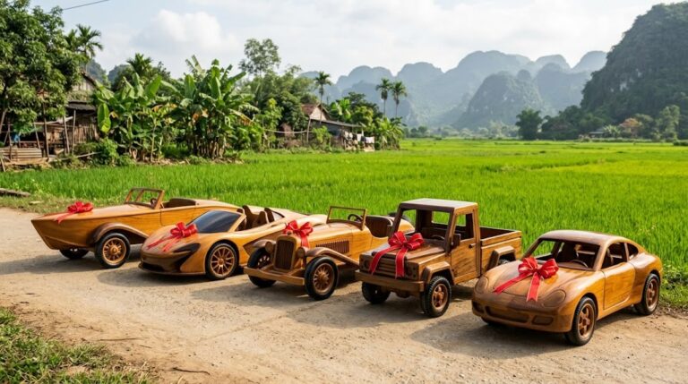 Five handmade wooden ride-on cars with red bows parked on a village road beside green rice fields