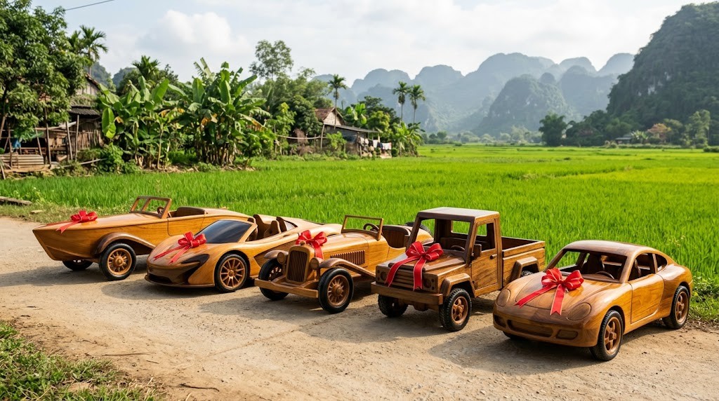Five handmade wooden ride-on cars with red bows parked on a village road beside green rice fields