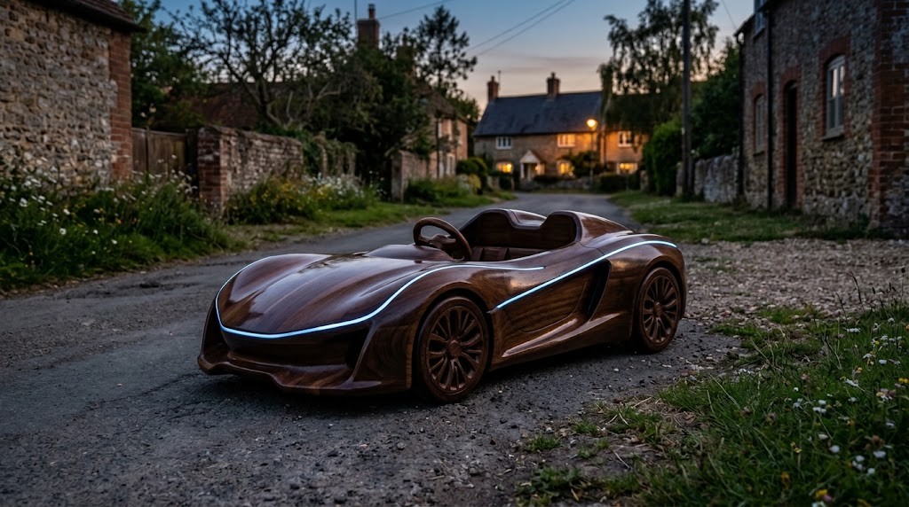 Wooden ride-on cars at dusk: a dark walnut concept car with soft blue LED strips glowing on a village lane
