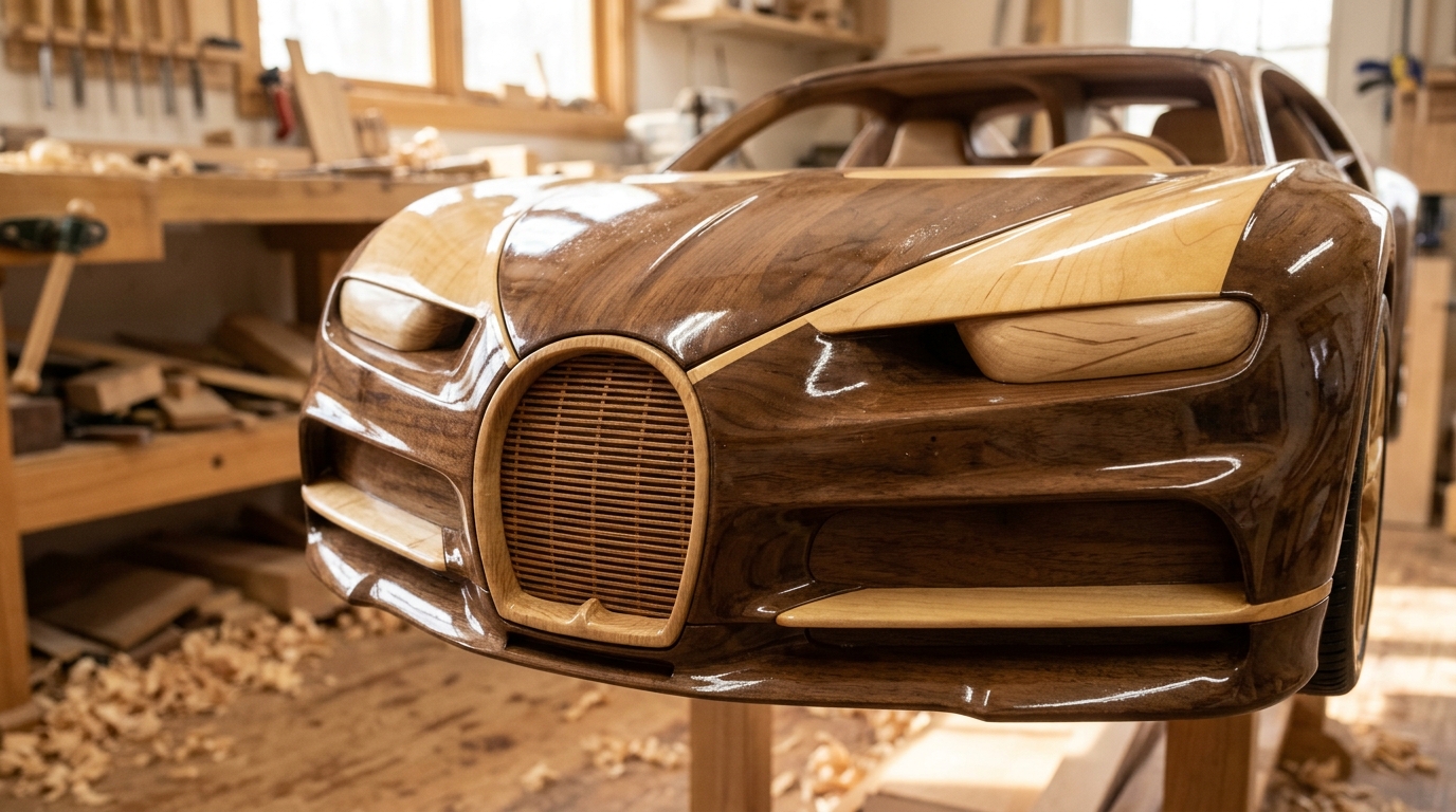 Close view of a hand carved wooden grille and headlights on a walnut and maple toy hypercar