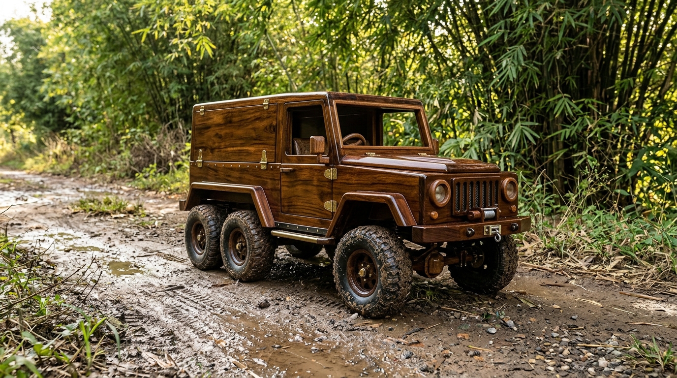 Dark hardwood six wheel toy off-road vehicle on a muddy country track beside bamboo