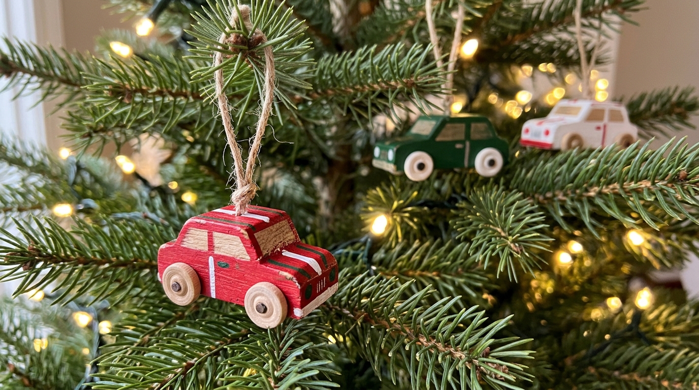 Hand painted wooden toy car Christmas ornaments hanging on a tree with warm LED lights