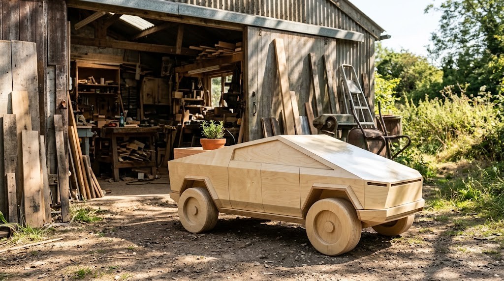 Angular pale birch wooden ride-on pickup truck with a small potted plant in the bed