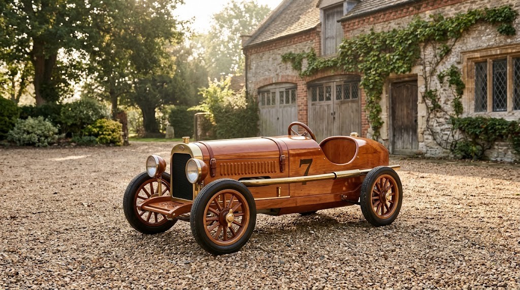Wooden ride-on cars tribute to a vintage racer with spoked wheels parked on a gravel courtyard