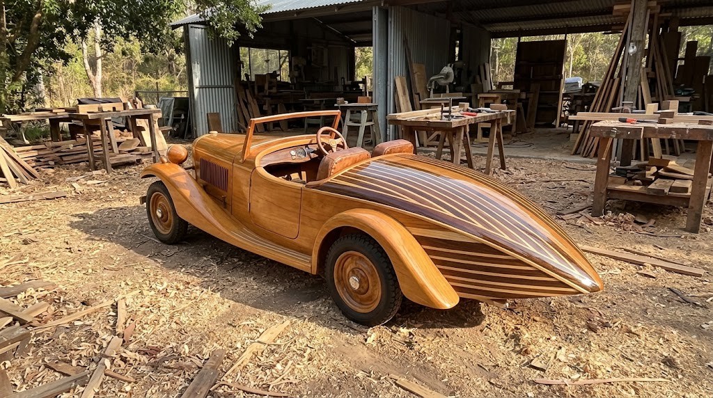 Wooden ride-on cars idea: a roadster with a striped boat-tail deck parked in a sunny workshop yard