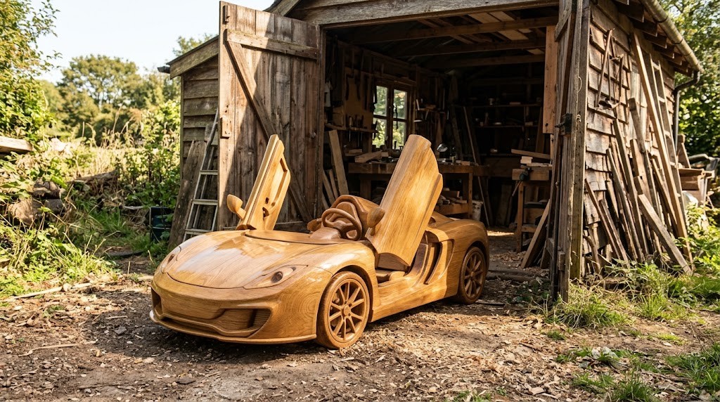 Wooden ride-on cars idea: a light oak supercar with scissor doors raised beside a rustic woodworking shed