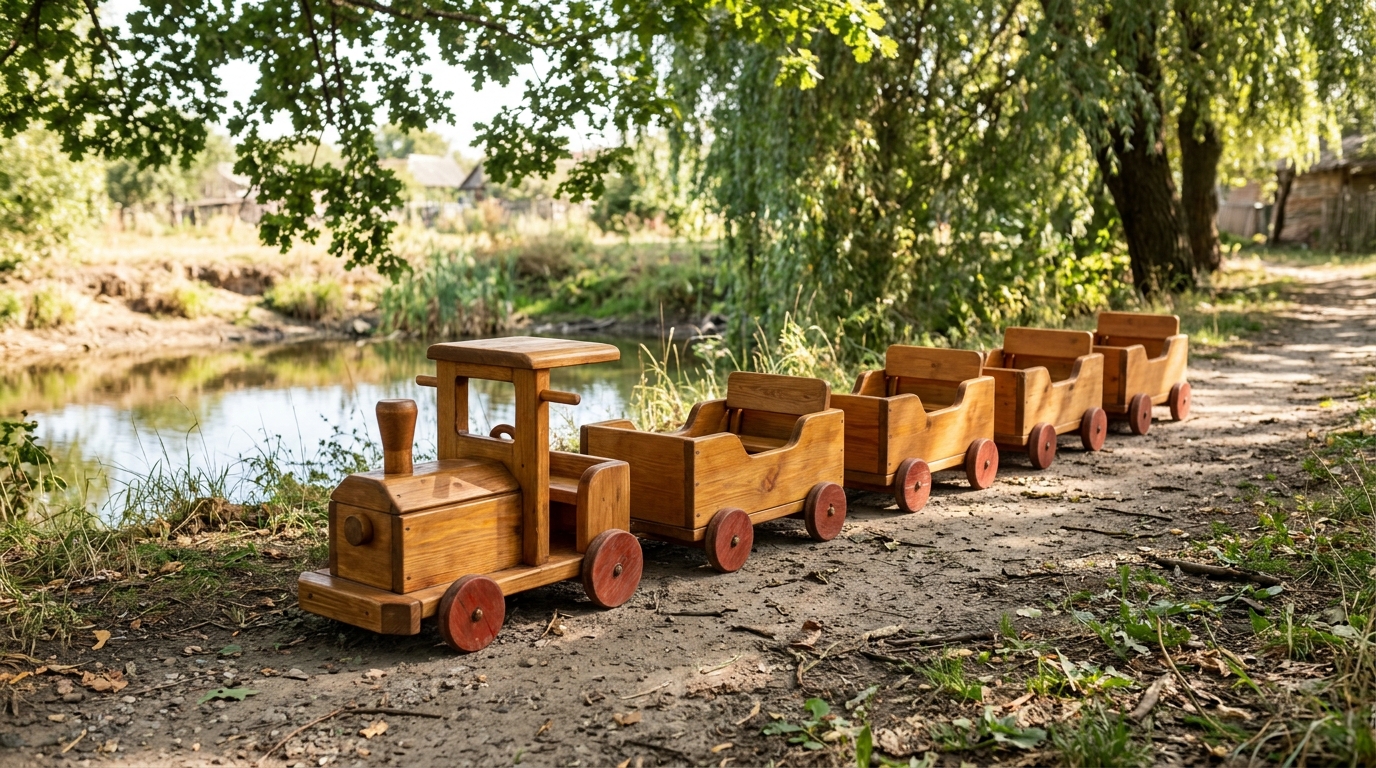Long handmade wooden ride-on toy train with open carriages on a path beside a village pond