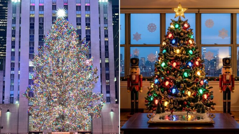 Rockefeller Center Christmas tree in New York beside a living room with a multicolor tree, toy soldiers and a mirror ice rink