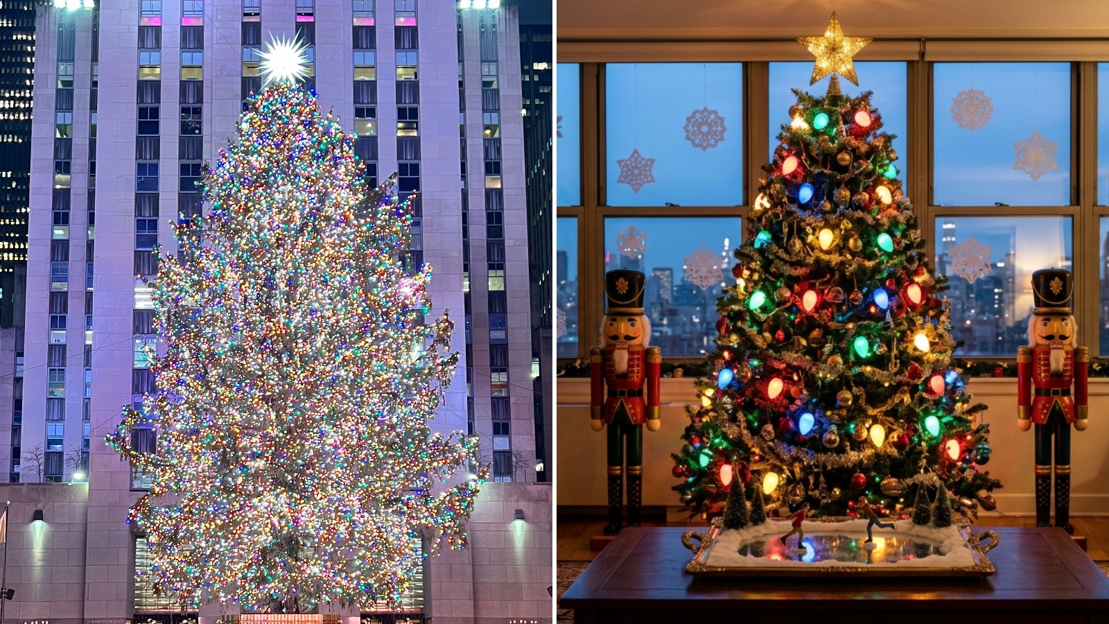 Rockefeller Center Christmas tree in New York beside a living room with a multicolor tree, toy soldiers and a mirror ice rink