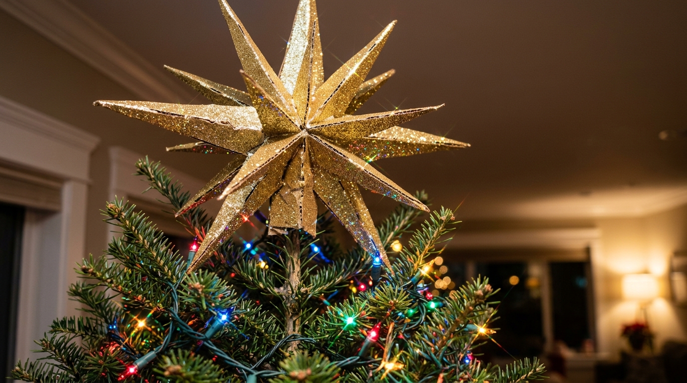 Rockefeller Center Christmas style giant gold glitter star topper on a lit tree