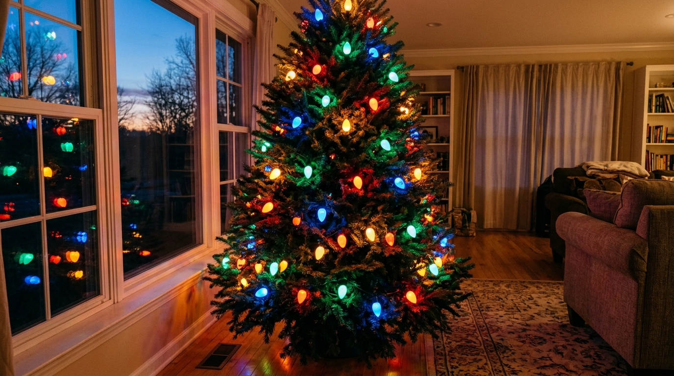 Christmas tree covered only in big multicolor LED bulbs beside a window at dusk