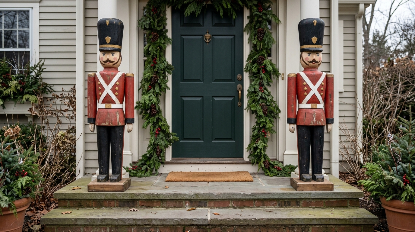 Rockefeller Center Christmas toy soldier statues guarding a front door with garland