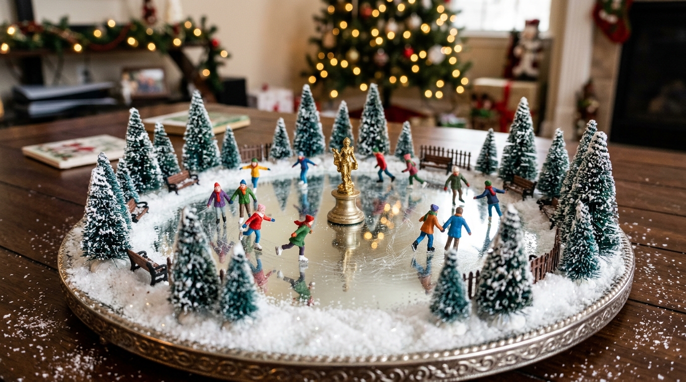 Mini ice rink scene on a mirror tray with tiny skaters and bottle brush trees