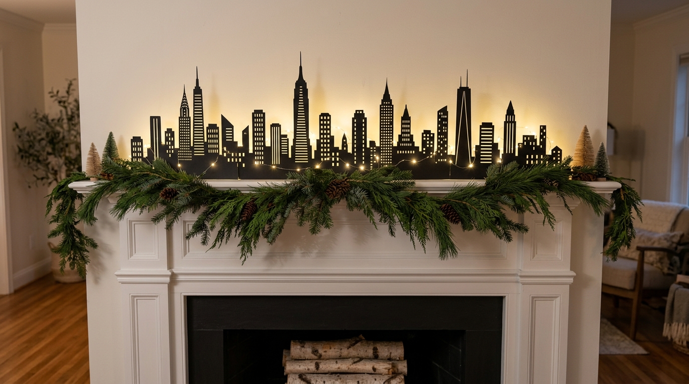 Paper city skyline garland glowing with fairy lights on a white mantel