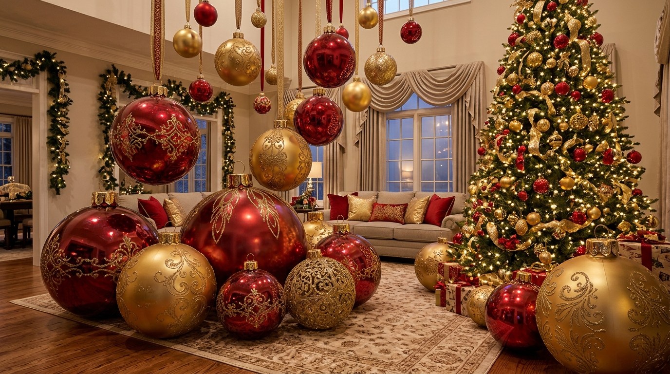 Rockefeller Center Christmas oversized red and gold ornaments grouped by a tree