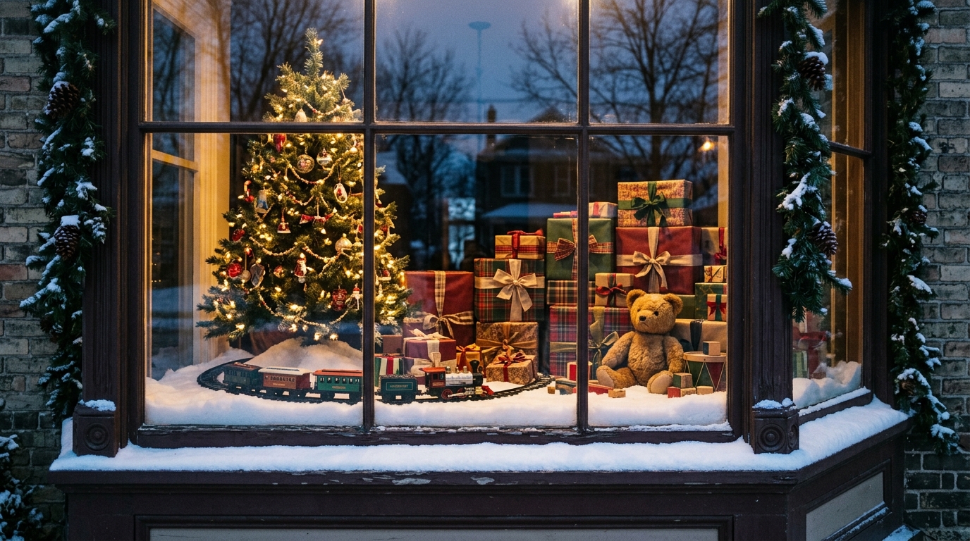 House front window styled like a vintage holiday store window with toys and gifts