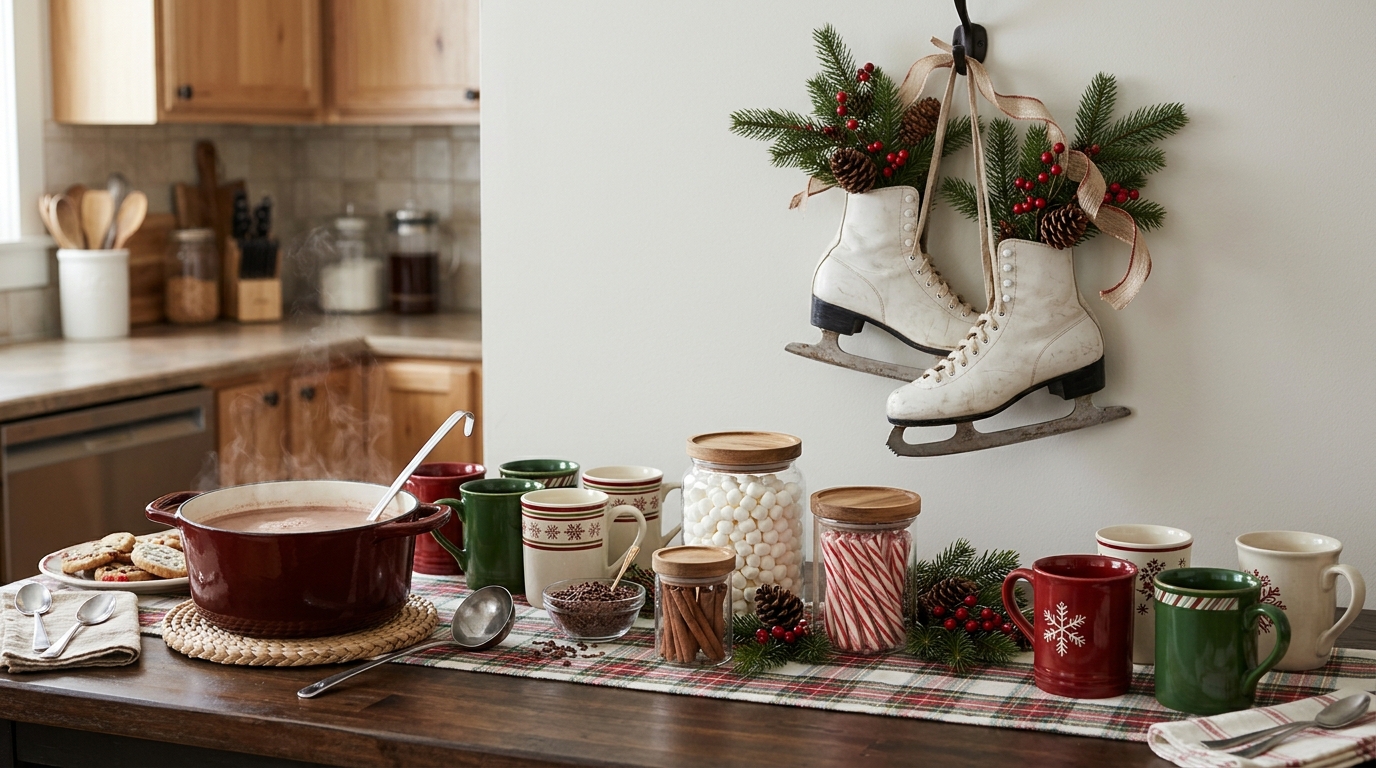 Hot cocoa station with mugs and marshmallows under vintage ice skates on the wall