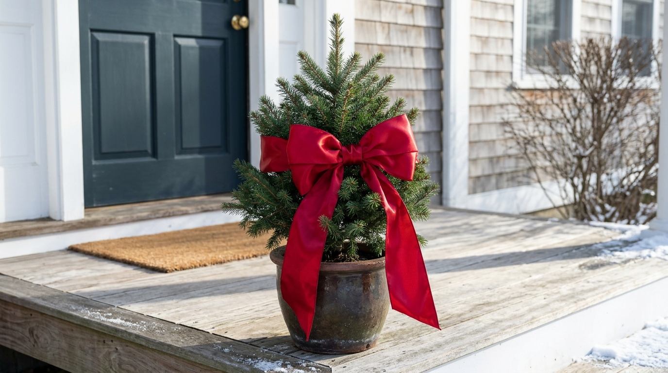 Rockefeller Center Christmas style small potted tree wrapped in a giant red bow on a porch