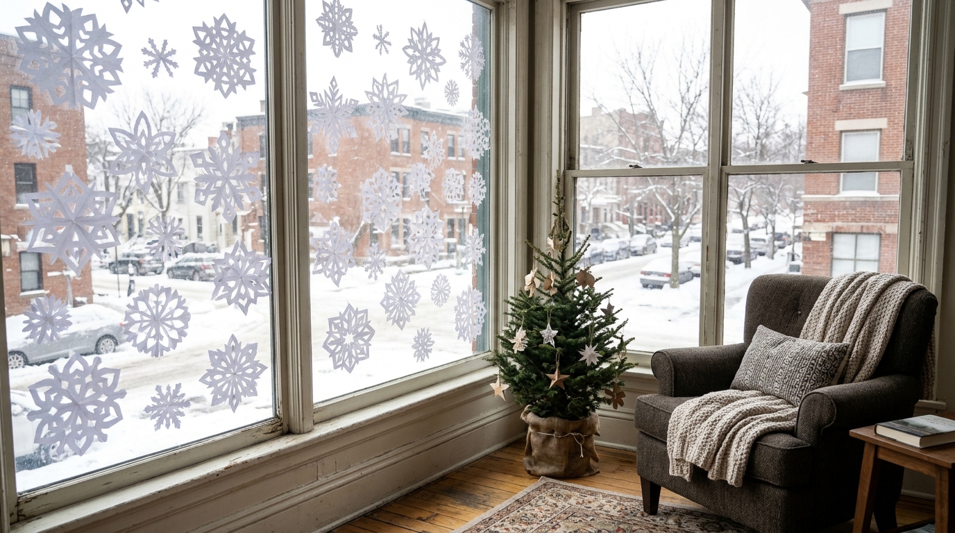 Window covered with white paper snowflakes behind a reading chair and small tree