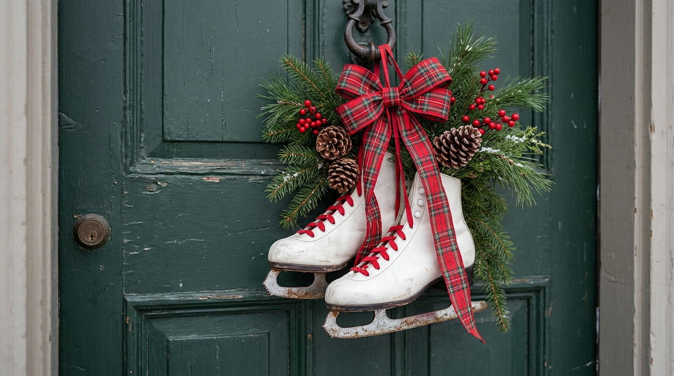 Vintage white ice skates hung with evergreen branches and a plaid bow