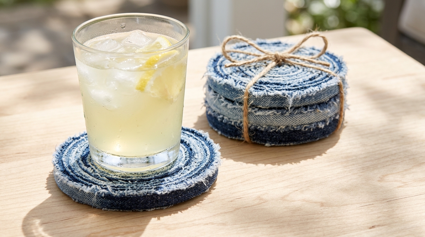 Round coasters made from rolled strips of old denim on a wooden table