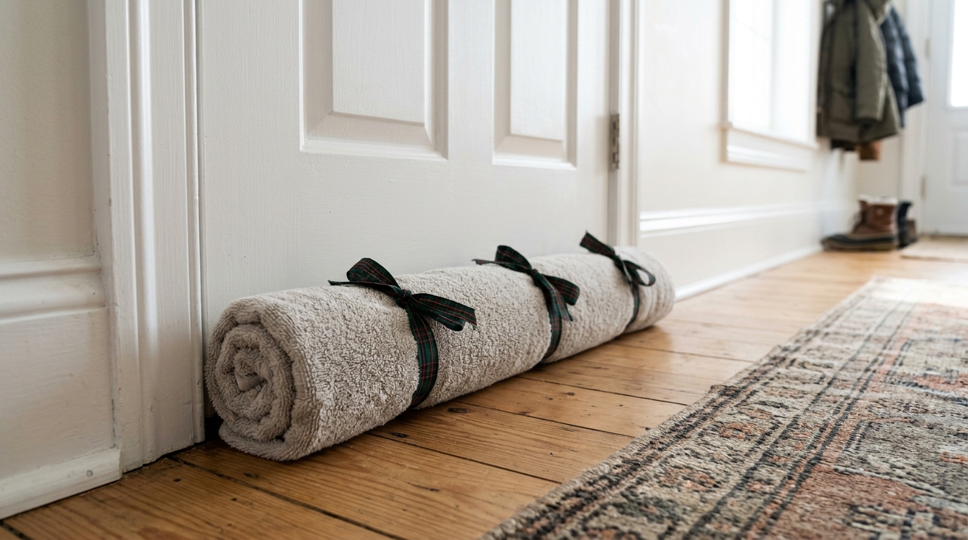 Benjamin Franklin winter hacks: a rolled towel tied with ribbon as a door draft stopper