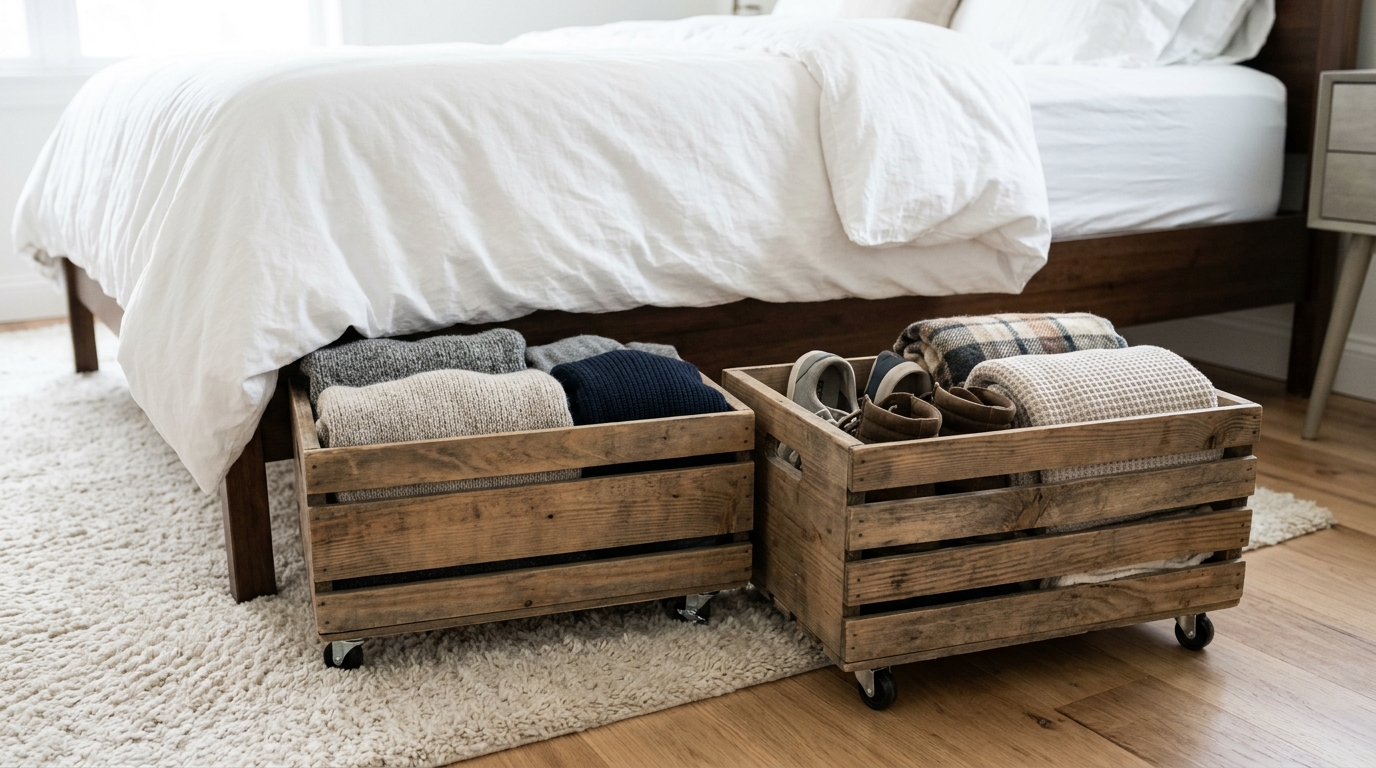 Wooden crates on casters rolling out from under a bed with sweaters and blankets