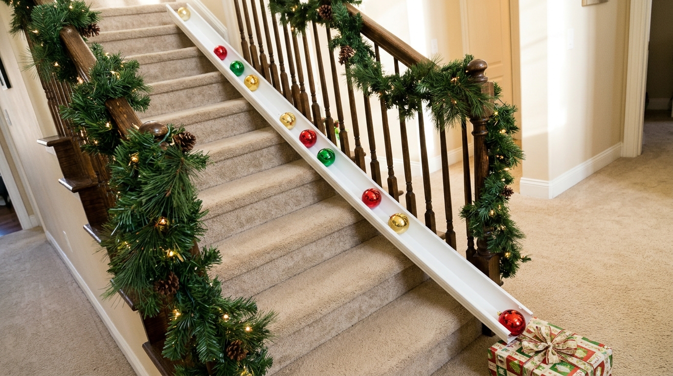White gutter ramp beside a garland staircase with shatterproof ornaments rolling to a present
