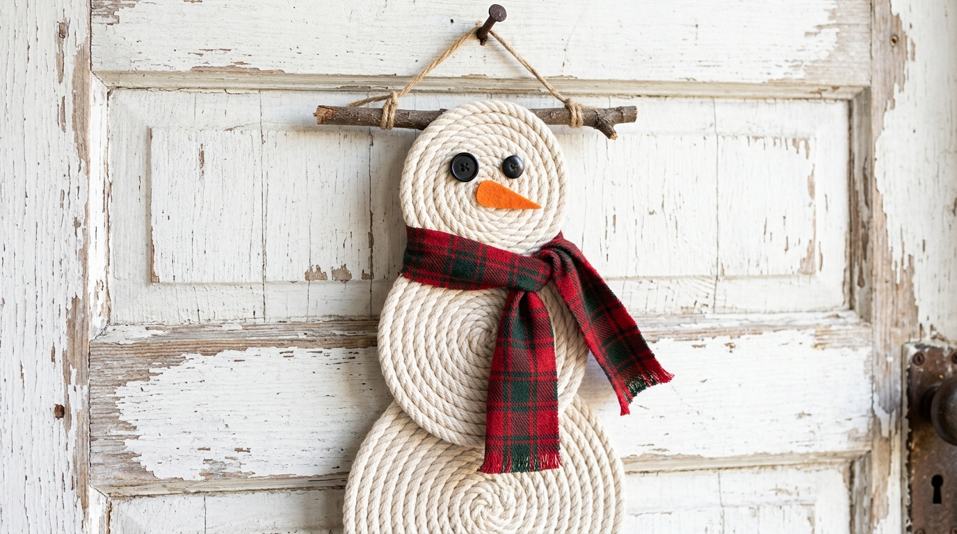 Coiled white rope snowman with a plaid scarf hanging on a white door