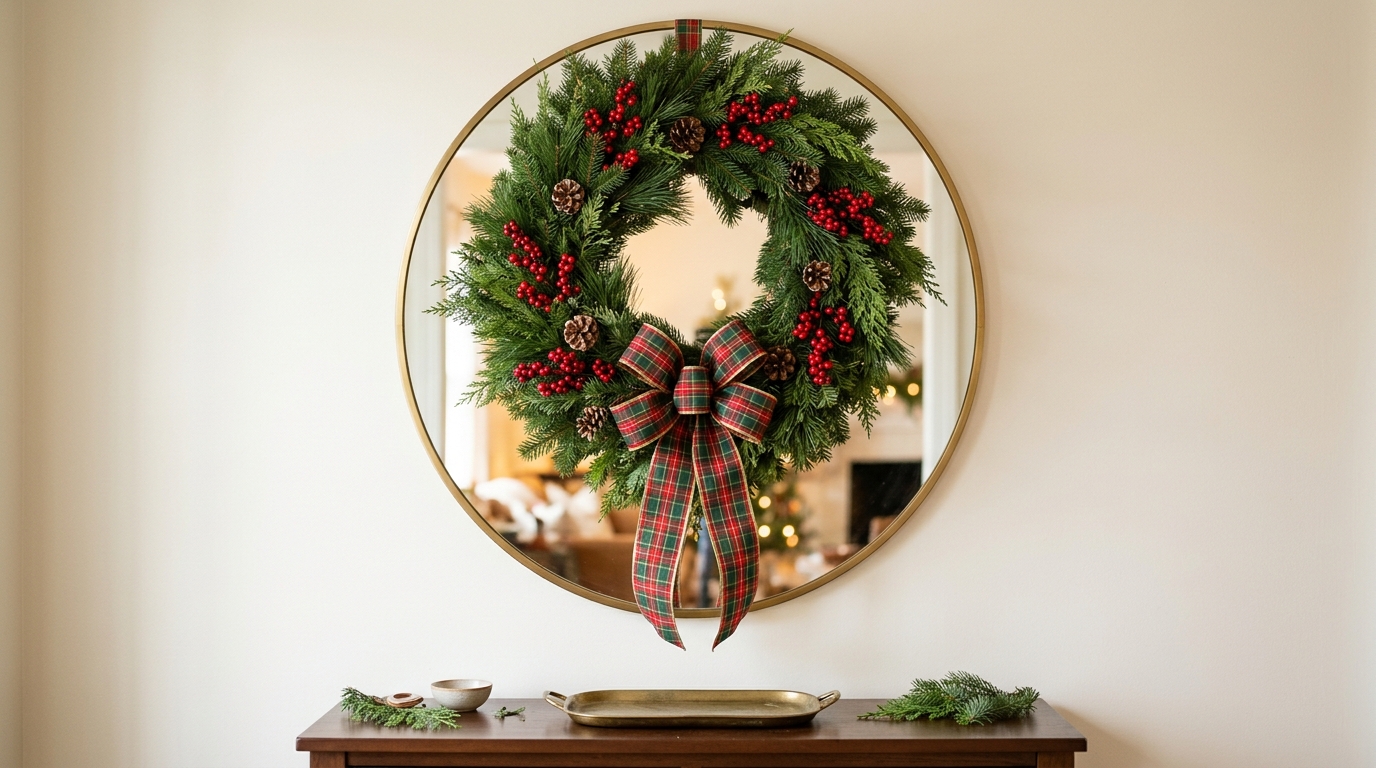 Large round gold mirror with an evergreen Christmas wreath and plaid bow above a console
