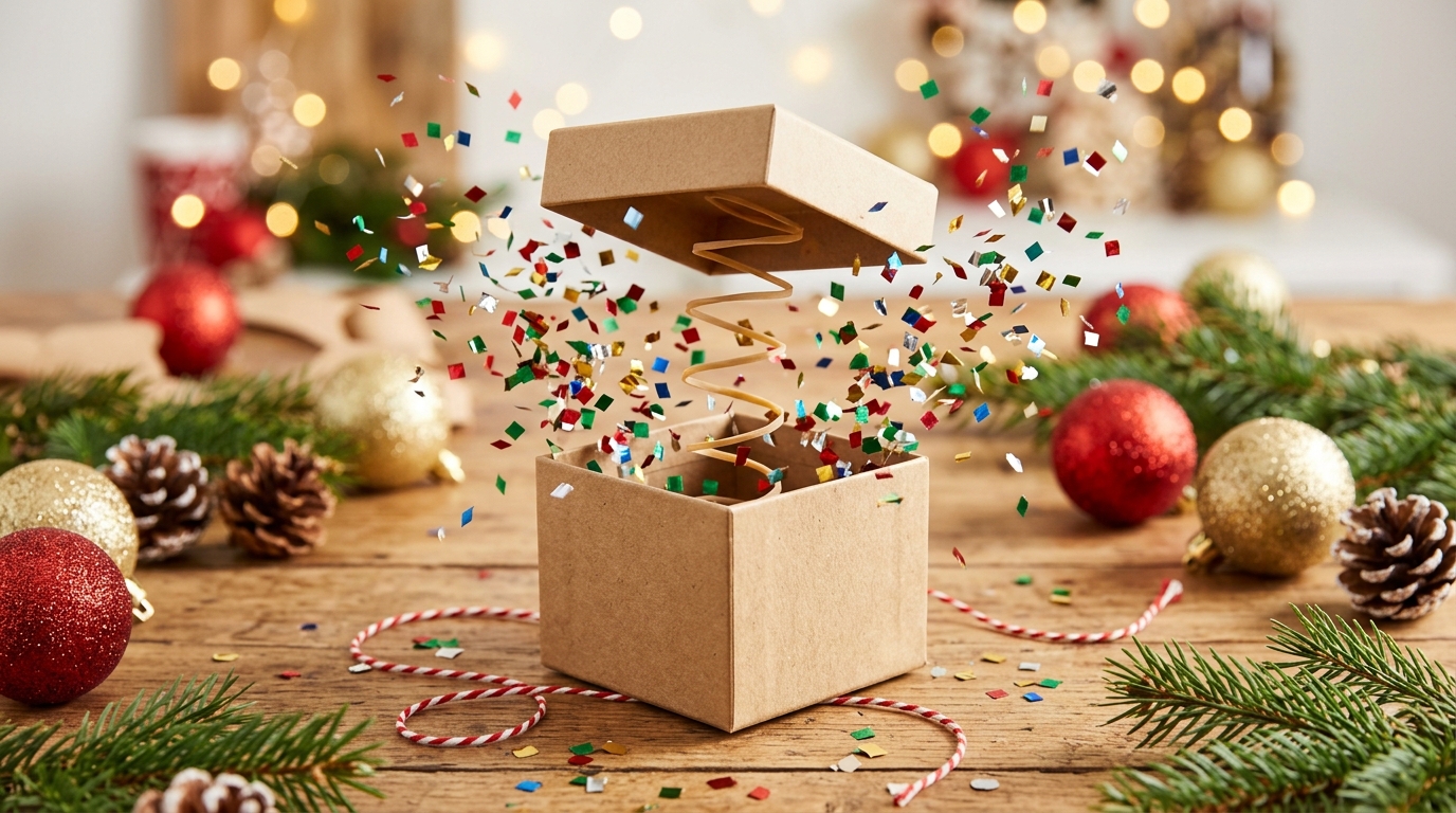 Kraft gift box lid popping up with a burst of colorful paper confetti among ornaments