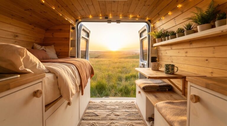 Cozy wood lined tiny home inside a rusty delivery van conversion at sunset