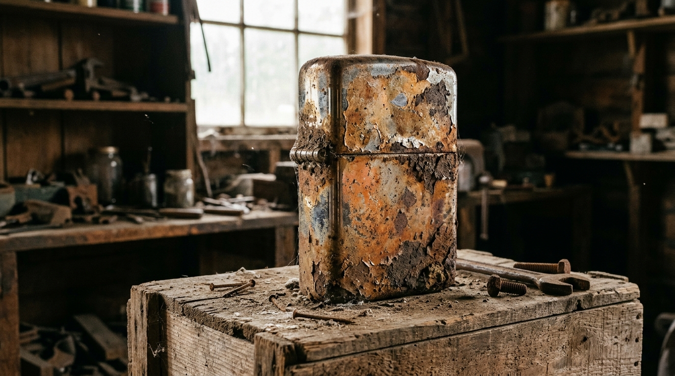 A heavily rusted oversized vintage lighter on an old crate in a dusty garage