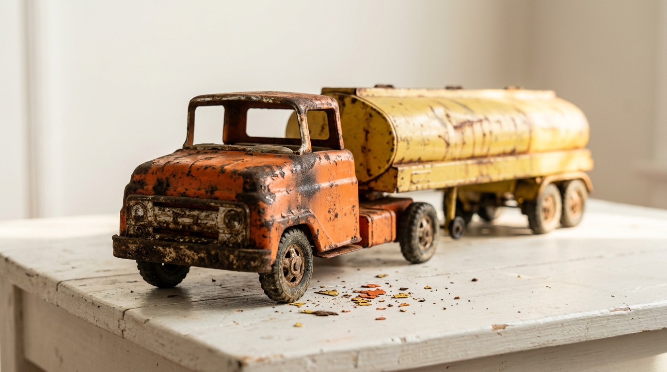 Rusty toy semi truck with a scorched orange cab and dented yellow tanker trailer