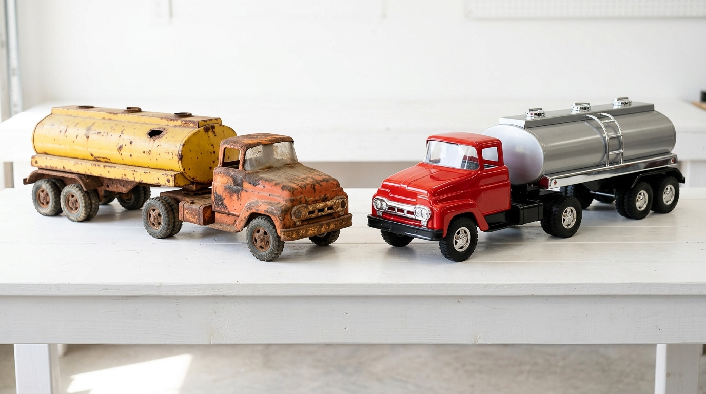 Rusty toy semi truck before and after restoration side by side on a white table