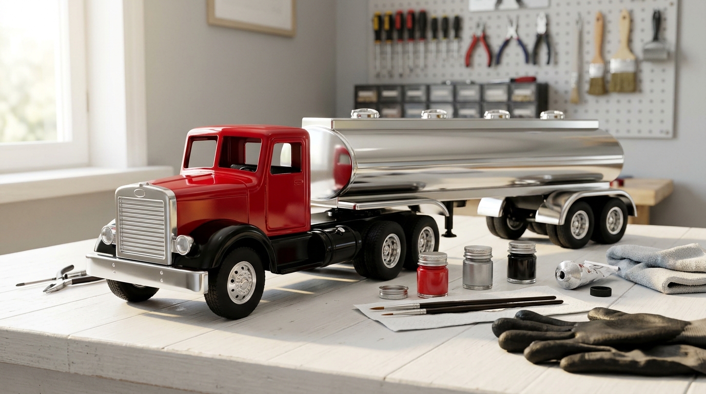 Rusty toy semi truck restored with a glossy red cab and silver tanker trailer on a white workbench