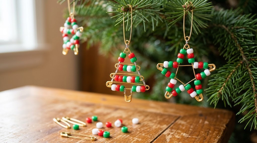 Safety pin and pony bead ornaments shaped like a tree and a star