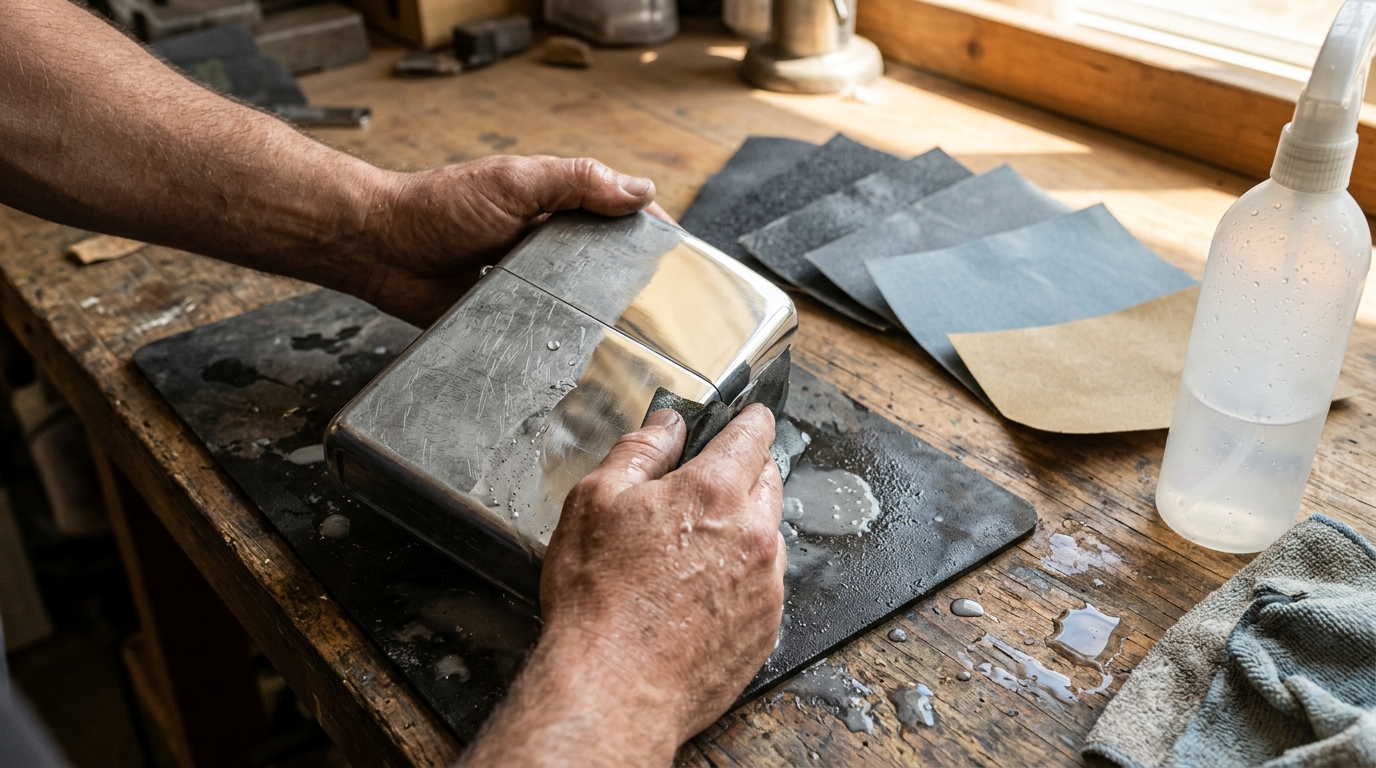 Giant lighter restoration sanding step: a metal case sanded smooth with fanned out sandpaper grits and a water spray bottle