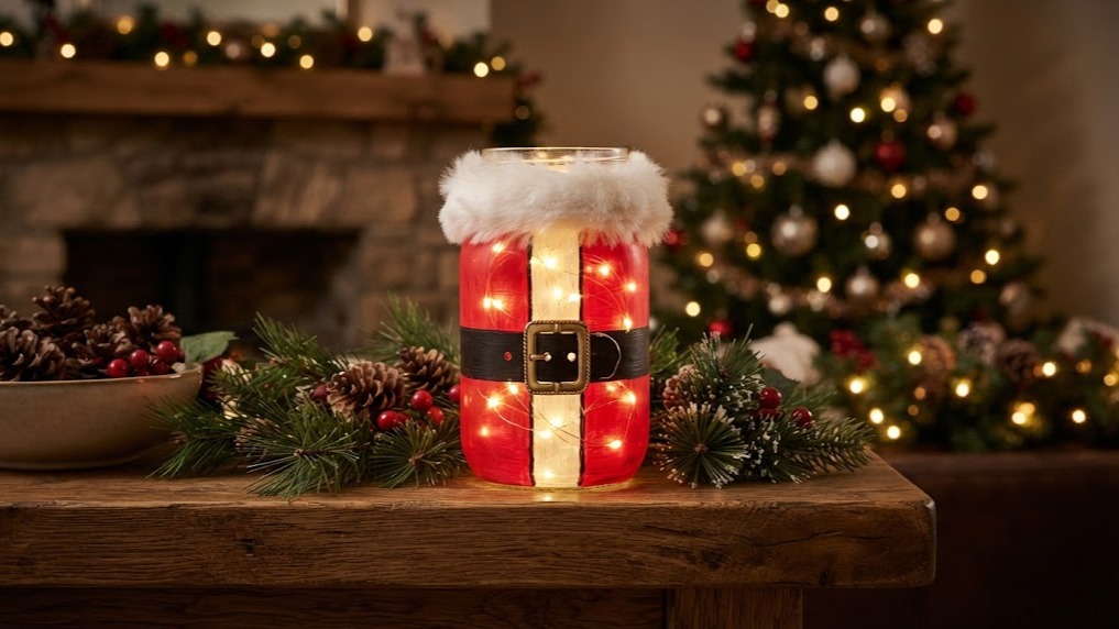 Christmas gifts in a jar painted like a Santa suit and filled with LED lights