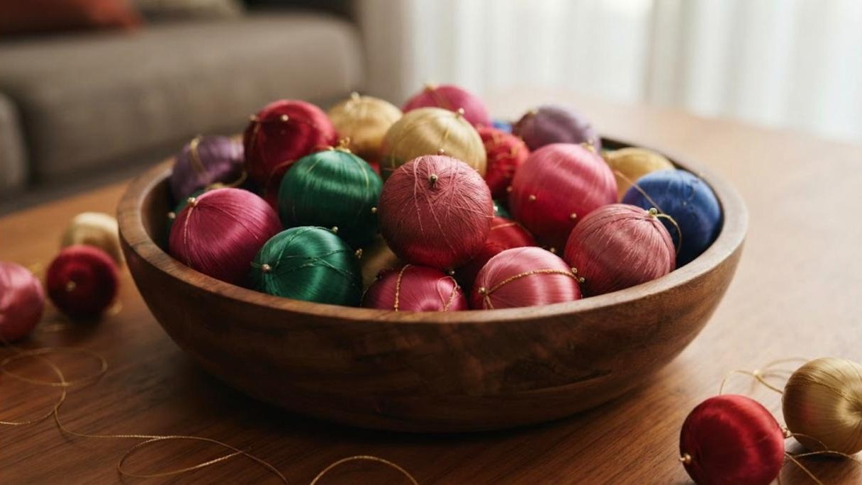 Wooden bowl of satin thread wrapped ornaments in ruby, emerald, gold and pink for midcentury Christmas decor